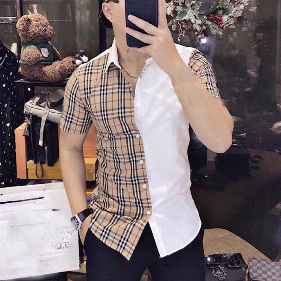 ⚡FREE SHIP⚡ Áo sơ mi cộc tay size dưới 80kg lụa mềm mại quanaochat74 - Burberry kẻ sọc caro vàng Đẹp New