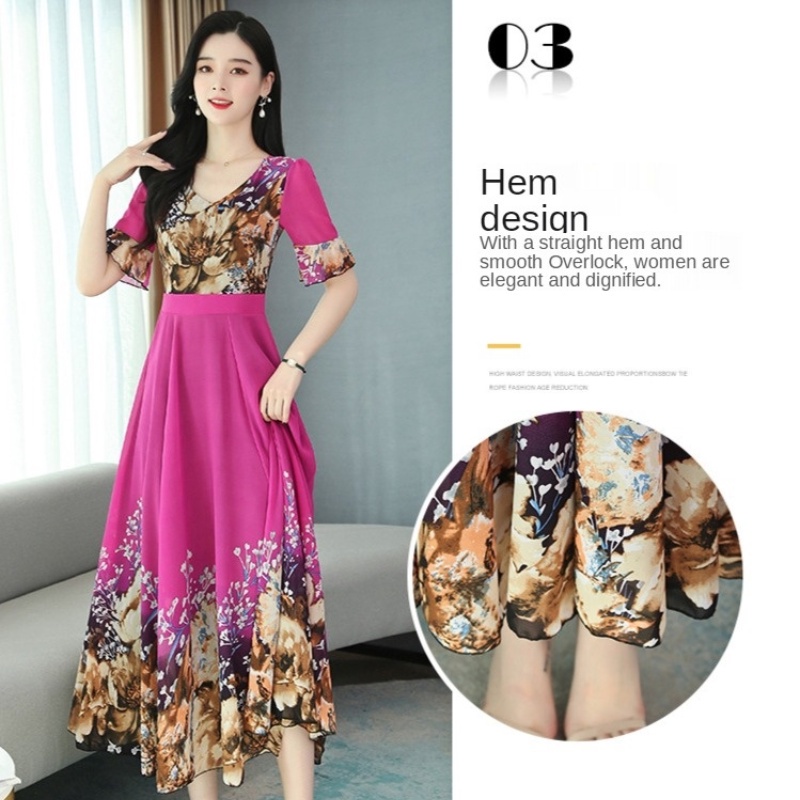 Summer New Style Korean Version of V-neck Ice Silk Print Dress Fashion Women's Waist Slimming Over-the-knee Long Skirt and Big Swing