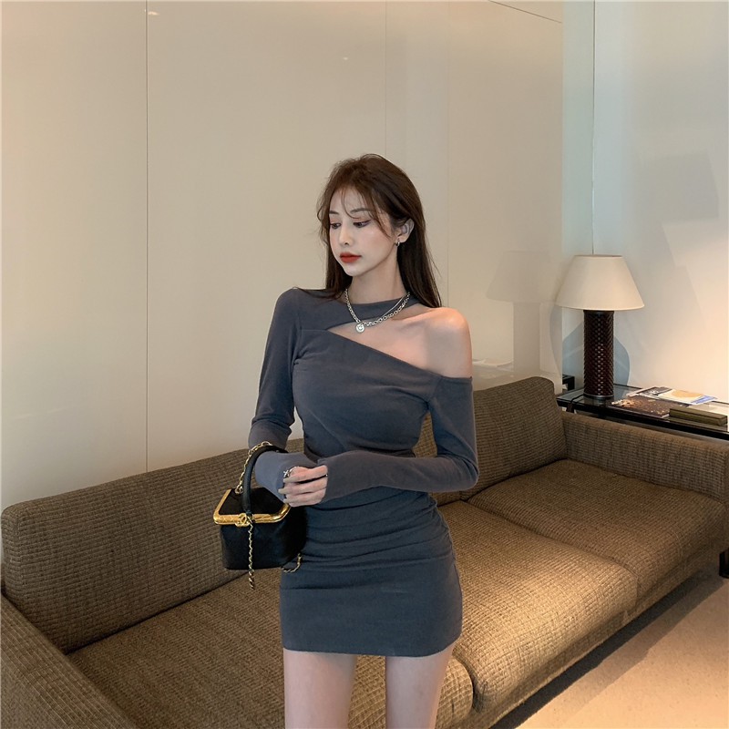 Korean Mini dresses Sexy off shoulder long sleeve dresses