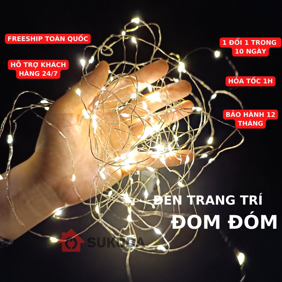 Đèn led đom đóm trang trí SuKoDa dùng pin 3 chế độ nháy màu vàng dài 1m 2m dùng decor chụp ảnh sản phẩm DTT01