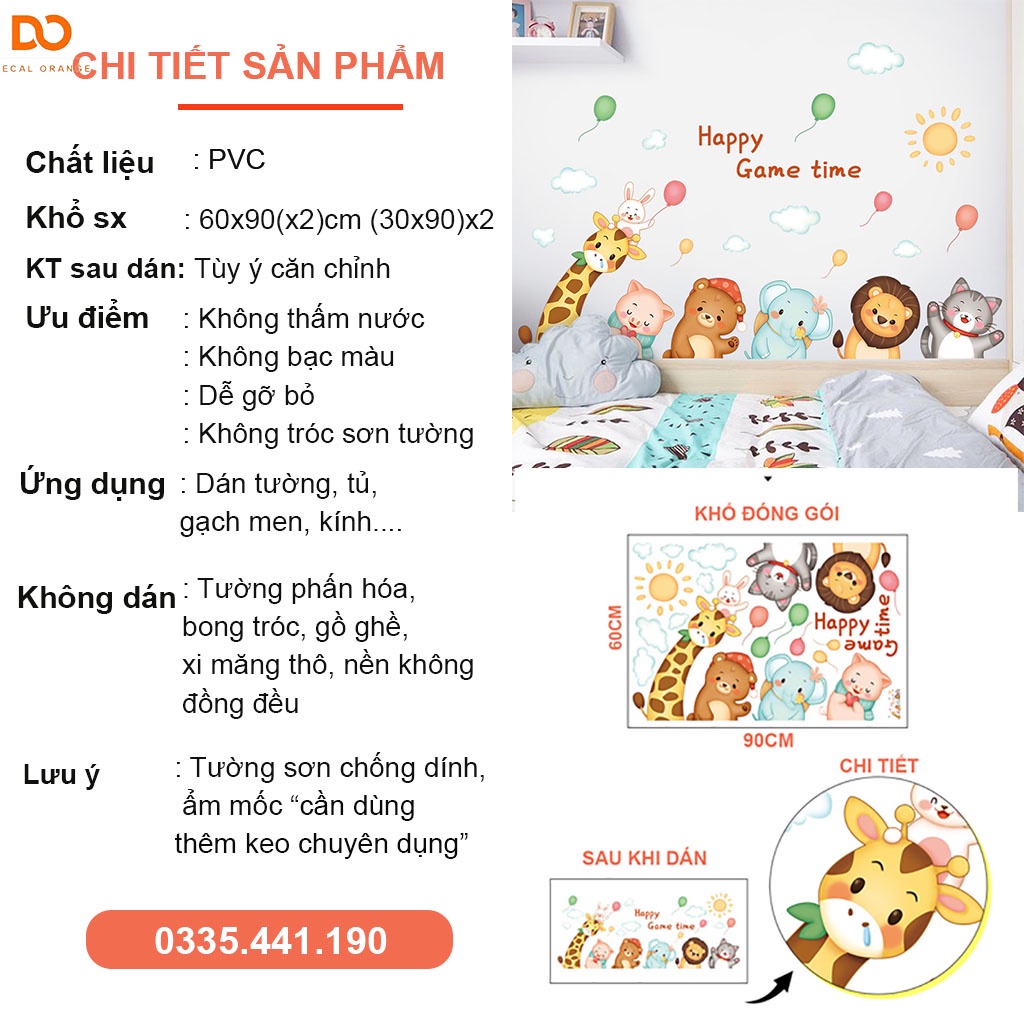 Decal dán tường cho bé Orange combo gấu trăng sao và thú hoạt hình trang trí phòng ngủ tủ quần áo chống thấm nước