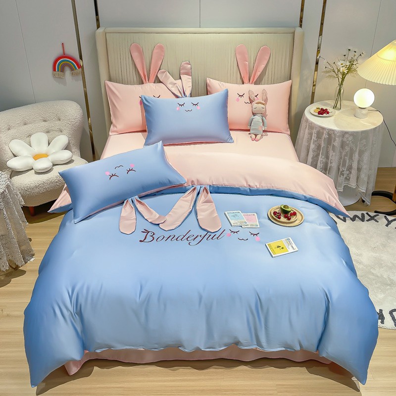 Bộ chăn ga gối lụa Thỏ xinh xắn nhập khẩu cao cấp, chất lụa mềm mịn thoáng khí họa tiết tai thỏ dễ thương MỚI