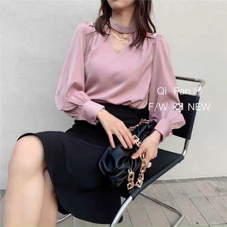 Áo sơ mi nữ lụa cổ chocker cách điệu nhiều màu