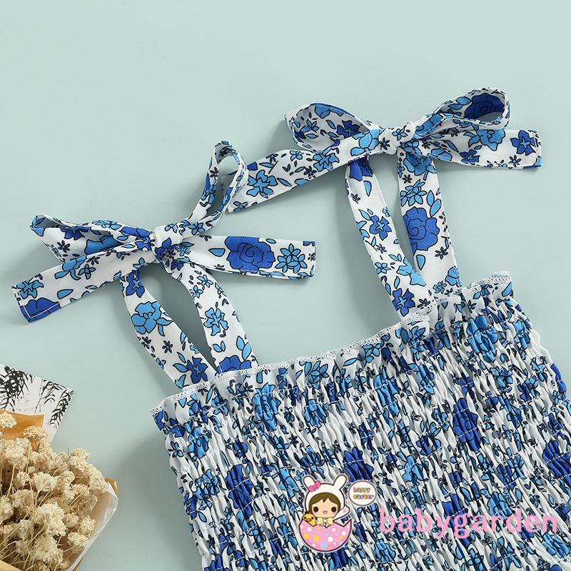 Đầm hai dây xếp ly nhiều lớp in hoa đơn giản cho bé gái 6 tháng tuổi 4 tuổi