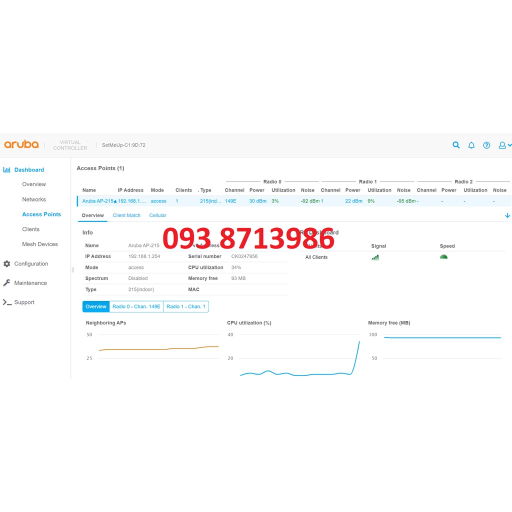 Bộ phát wifi 2 Băng Tầng Chuyên Dụng Chịu Tải Cao Aruba AP-215  bảo hành 12 - 24 -36 tháng