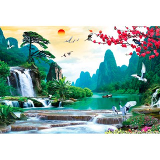 Tranh dán tường 3D thác nước - vải lụa kim tuyến