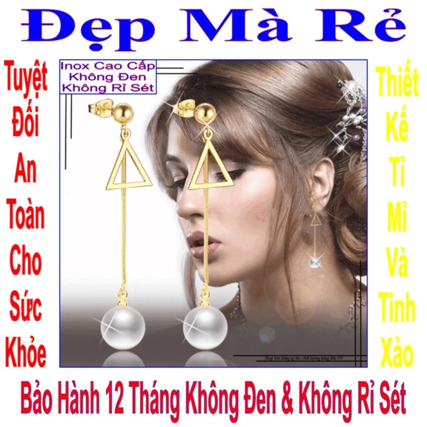 Bông tai nữ kiểu tòn ten hình tam giác treo ngọc trai nhân tạo BTNUTONTEN00077T030069 màu vàng