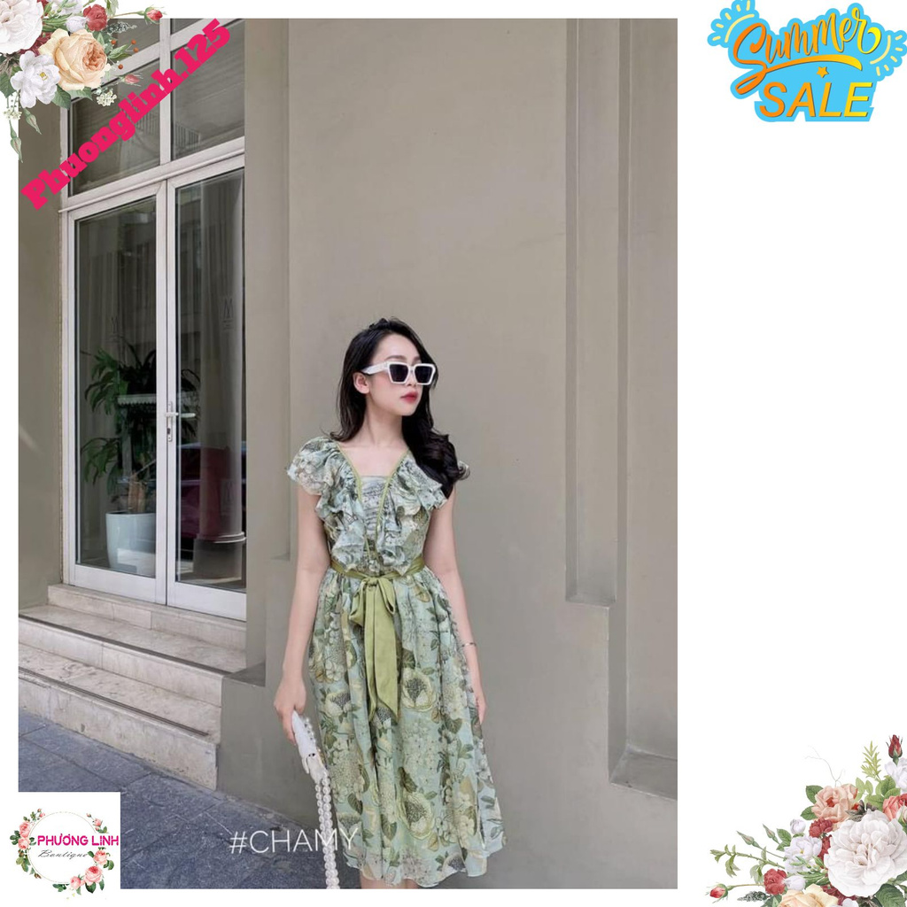 VÁY HOA LÁ NƠ LỤA CỔ BÈO KÈM ĐAI | BigBuy360 - bigbuy360.vn