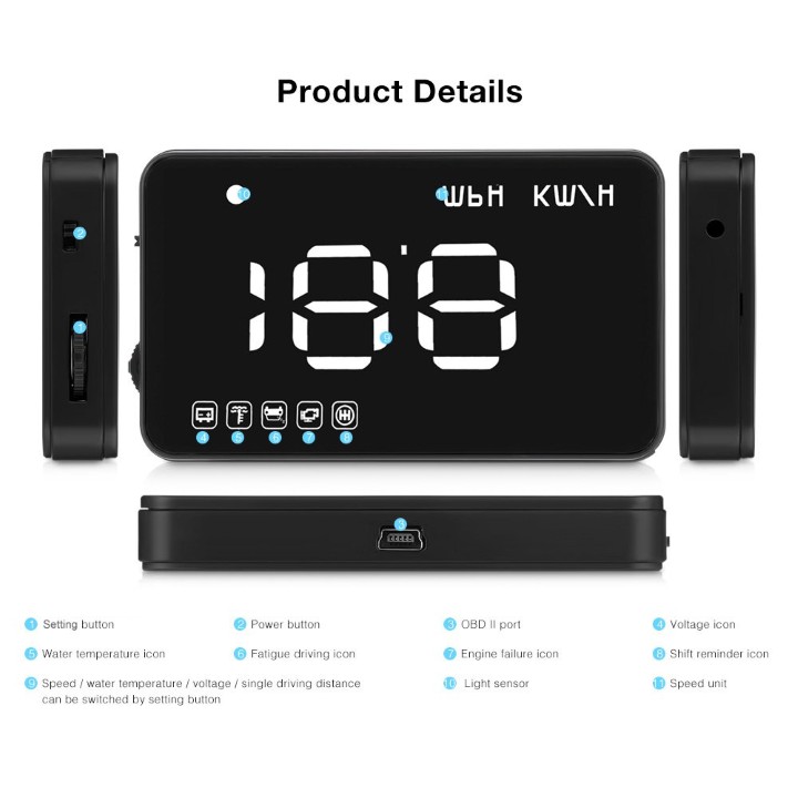 Hud Hiển Thị Cảnh Báo Tốc Độ Lên Kính Lái A1000 - Thiết Bị Cảm Biến, Hiển Thị Tốc Độ Xe Ô Tô Lên Kính Lái