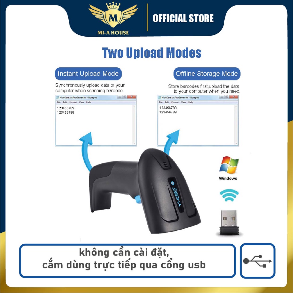 Máy bắn mã vạch không dây YHD 6200DW 2D, Máy quét mã vạch Barcode(1D) Qrcode(2D), Đầu đọc mã vạch dùng trên Laptop, PC