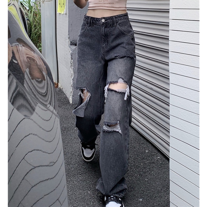 Quần Jean Nữ Ống Rộng Rách Gối Thời Trang