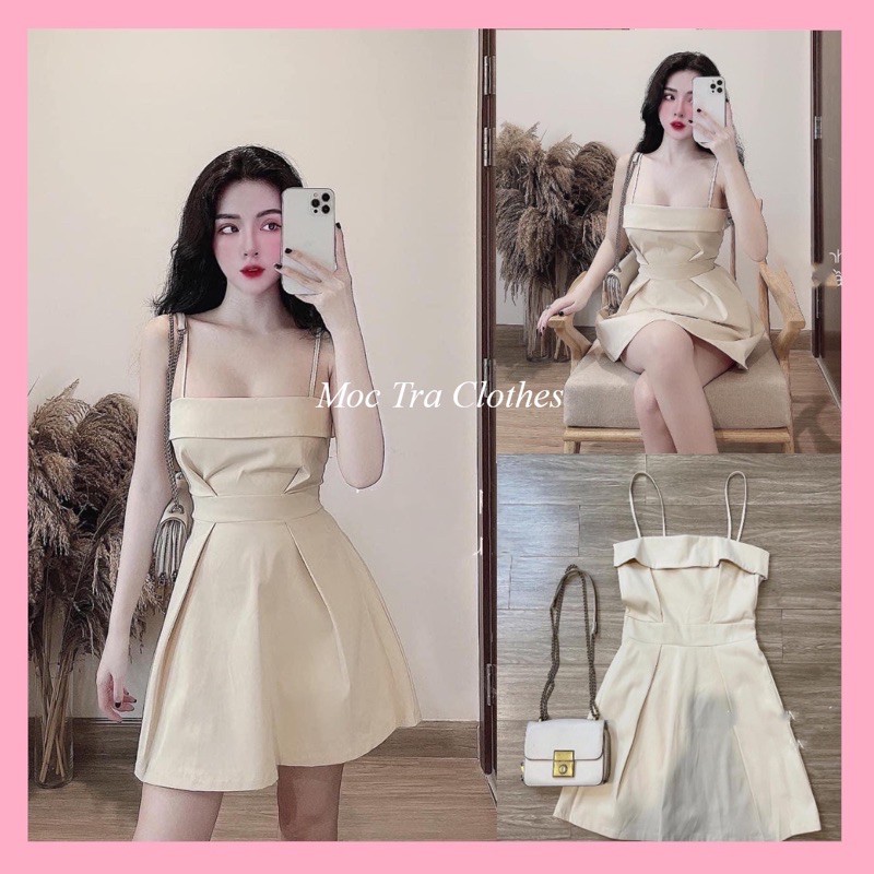 Đầm hai dây WASABI DRESS màu kem thiết kế xoè nhẹ tiểu thư có lót quần, Váy 2 dây nữ dự tiệc dáng ngắn rẻ đẹp