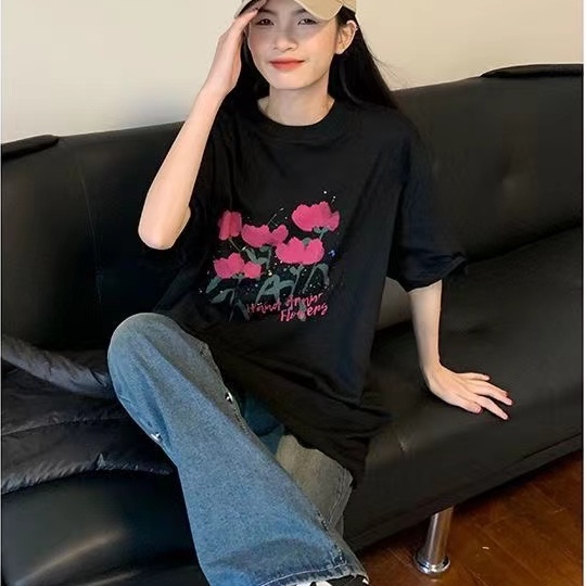 Áo thun SUXI tay ngắn dáng rộng in họa tiết phong cách Hàn Quốc thời trang dành cho nữ