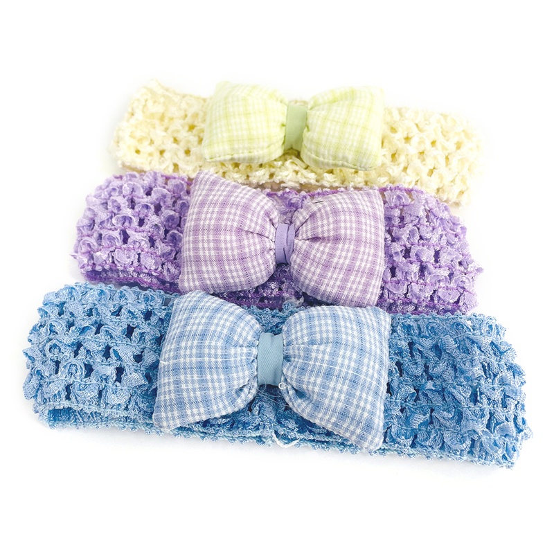 Băng Đô Cài Tóc Đan Len Co Giãn Đính Nơ Sọc Caro Màu Sắc Ngọt Ngào Xinh Xắn Cho Bé Gái