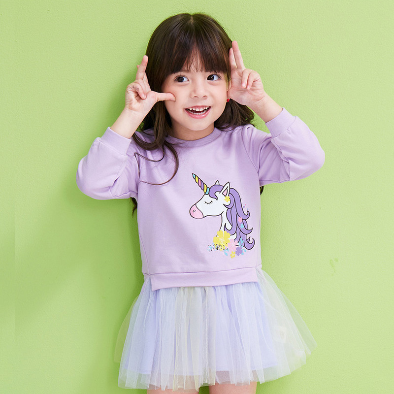 Đầm Thun Tay Dài In Hình Kì Lân Cho Bé Gái Từ 3-7 Tuổi