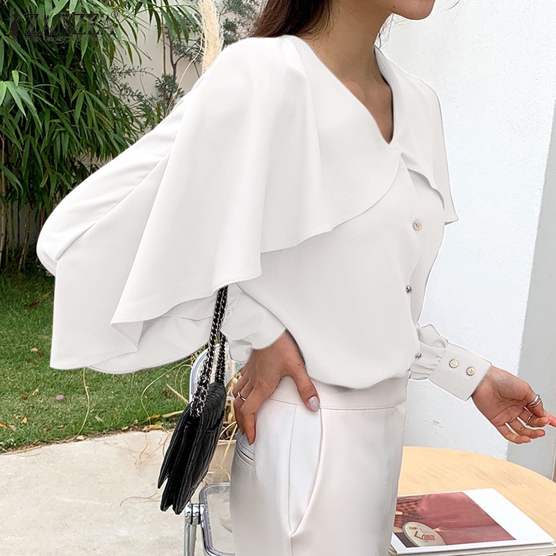 ZANZEA Áo Sơ Mi Nữ Tay Dài Cổ Chữ V Màu Trơn Cài Khuy Đơn Giản Thời Trang