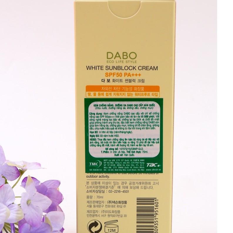 Kem Chống Nắng Dưỡng Da Cao Cấp, Chống Nắng DABO WHITE SUNBLOCK CREAM SPF50 chính hãng HÀN QUỐC 70ml