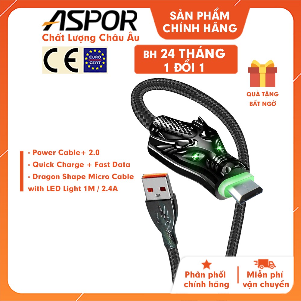 Cáp sạc ASPOR  2.4A thiết kế đầu rồng A195-196-197