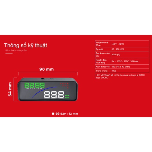 VIETMAP HUD V9 - Màn Hình HUD Hiển Thị Thông Tin Trên Kính Lái Ô Tô - Phụ Kiện Ô tô