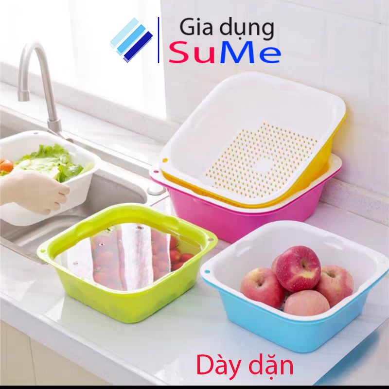 Rổ nhựa vuông kèm chậu đựng đồ, Combo set 6 món chậu và rổ nhựa vuông, đựng ráo nước 6in1 dày dặn