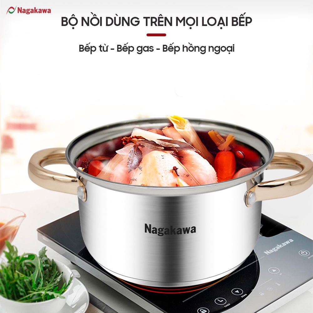 COMBO Ấm siêu tốc 2 lớp Nagakawa NAG0315 (1.8L) và Bộ 3 nồi inox NAG1306 (16-20-24cm)