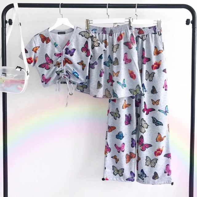 Set Butterfly Bướm CropTop Dây Rút+ Quần Long Pant Kèm Ảnh Thật