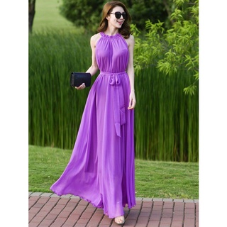 Đầm maxi suông cổ yếm thắt dây eo, đầm maxi đi biển mùa hè