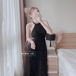 ĐẦM MAXI LÔNG VŨ CỔ YẾM KHOÉT EO HỞ LƯNG