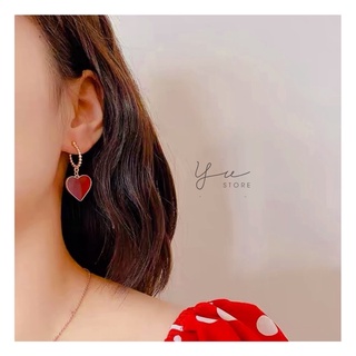 Bông tai khuyên tai trái tim màu đỏ chuôi bạc 925 yustore