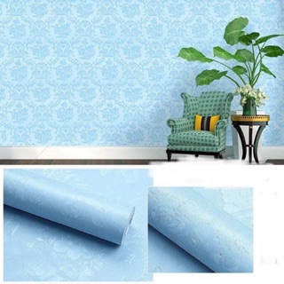 10 mét giấy dán tường sẵn keo hoa văn 3d màu xanh hàng siêu đẹp