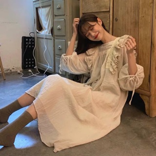 (Ảnh thật) Váy babydoll đũi dáng dài phối bèo tay phồng thắt nơ ulzzang tiểu thư siêu xinh