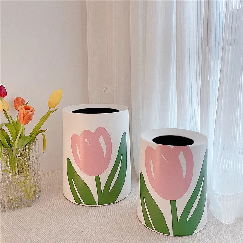 Sticker Dán Tường Hình Thùng Rác Và Hoa Tulip Chống Thấm Nước Trang Trí Nhà Cửa