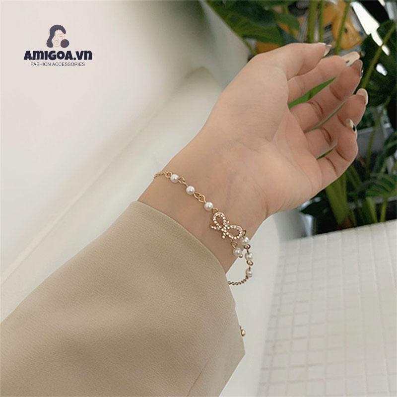 【amigoa.Aq】Vòng Tay Đính Đá Ngọc Trai Kim Cương Giả Thắt Nơ Ngọt Ngào Đa Năng Cho Nữ