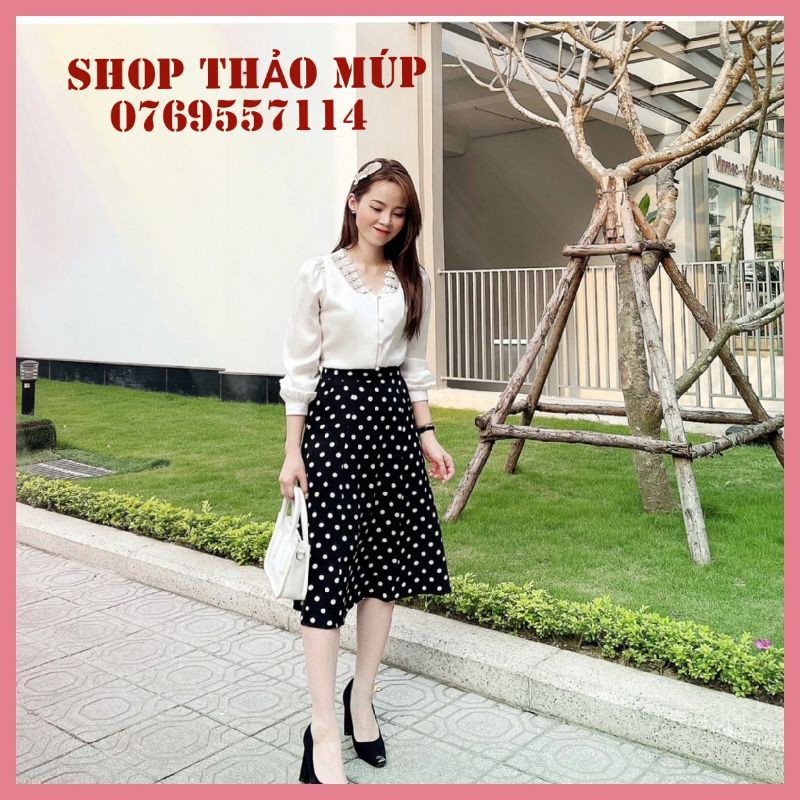 SÉT CHÂN VÁY CHẤM BI - ÁO KIỂU MÀU TRẮNG KẾT HỢP ĐẦM RỜI