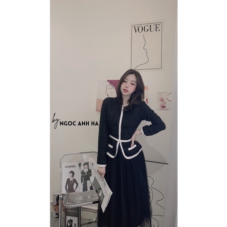 Set áo dạ viền trắng mix chân váy lưới đen - Follow Me