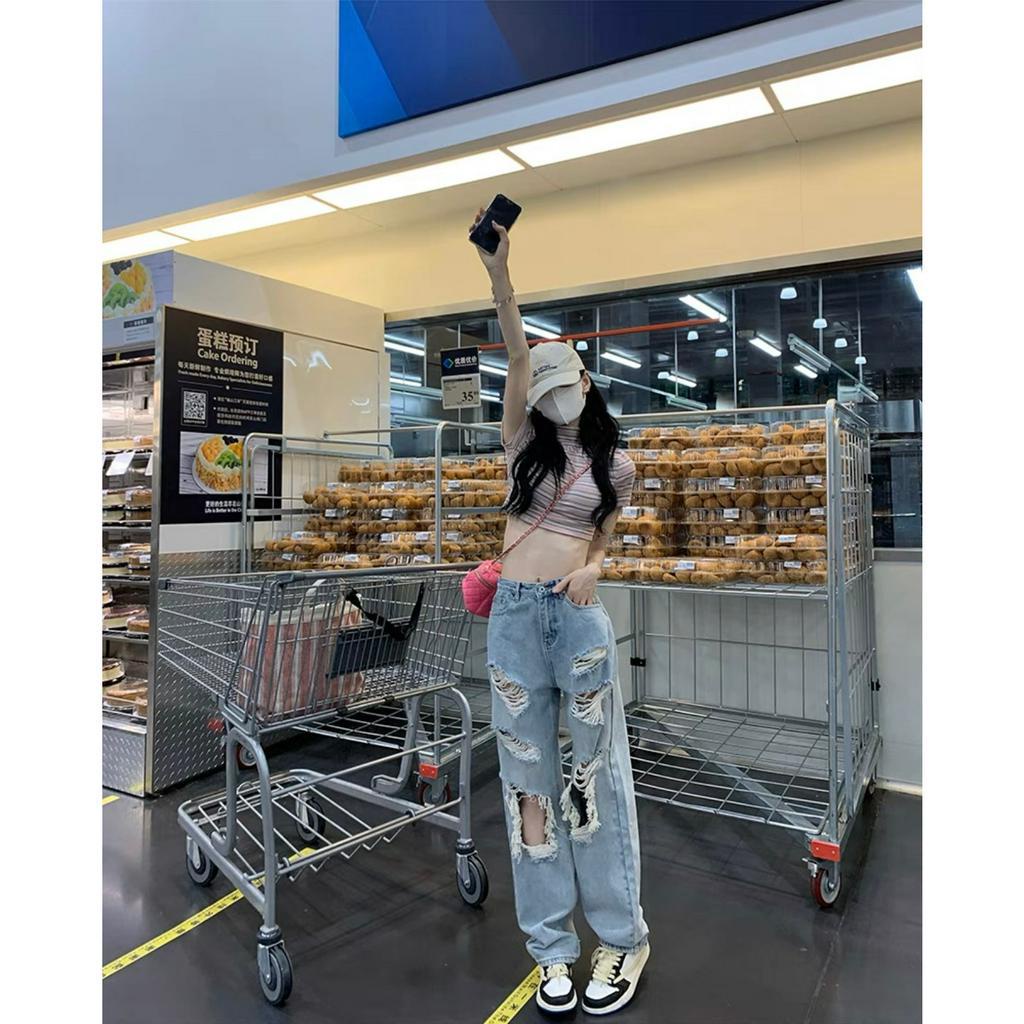 [ORDM3707] QUẦN JEANS ỐNG RỘNG NỮ LƯNG CAO RÁCH 2 MẢNG VUÔNG GỐI KÈM RÁCH 4 MẢNG CHÉO MÀU XANH NHẠT LAI CUỐN THỜI TRANG