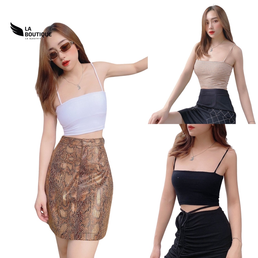 Áo 2 dây croptop nữ dáng ôm body LA BOUTIQUE thun gân freesize 2 lớp màu trắng đen sọc kẻ ngang