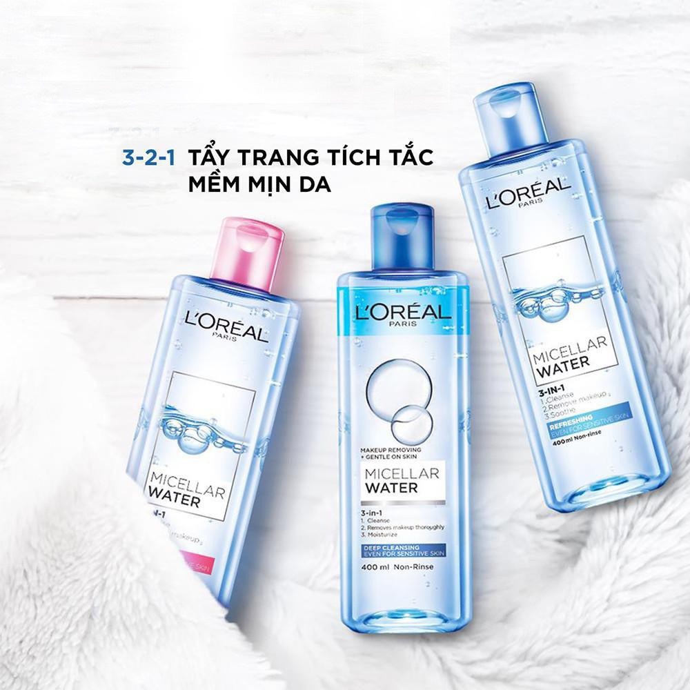 Nước Tẩy Trang Cho Mọi Loại Da L'Oreal Paris 3-in-1 Micellar Water 400ml và 95ml.