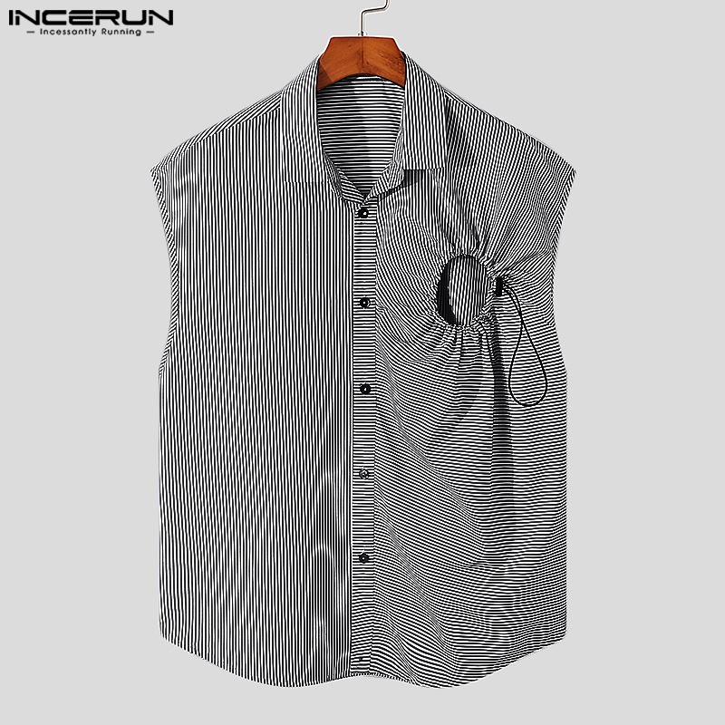 INCERUN Áo Sơ Mi Không Tay Họa Tiết Kẻ Sọc Thời Trang Mùa Hè Cho Nam
