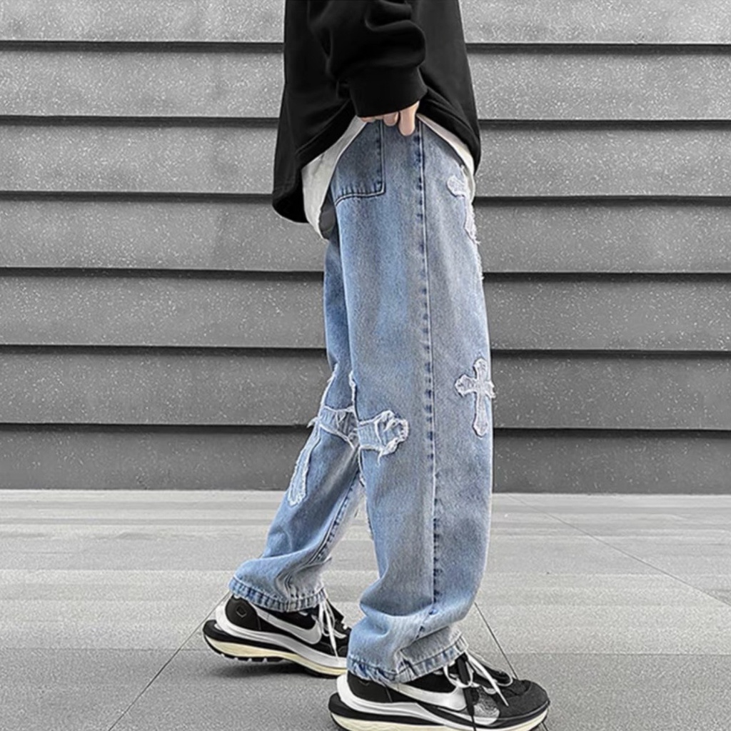 Quần jean baggy nam nữ  thêu thánh giá mã 006 quần baggy ống suông dáng hàn quốc 2022 unisex kun shop