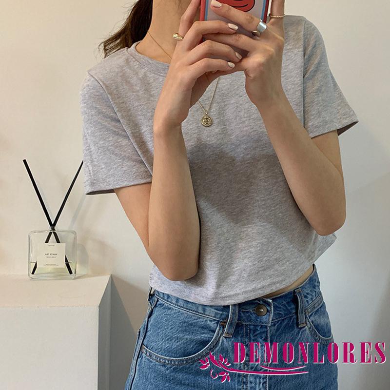 Áo Croptop Tay Ngắn Cổ Tròn Màu Trơn Thời Trang Cho Nữ
