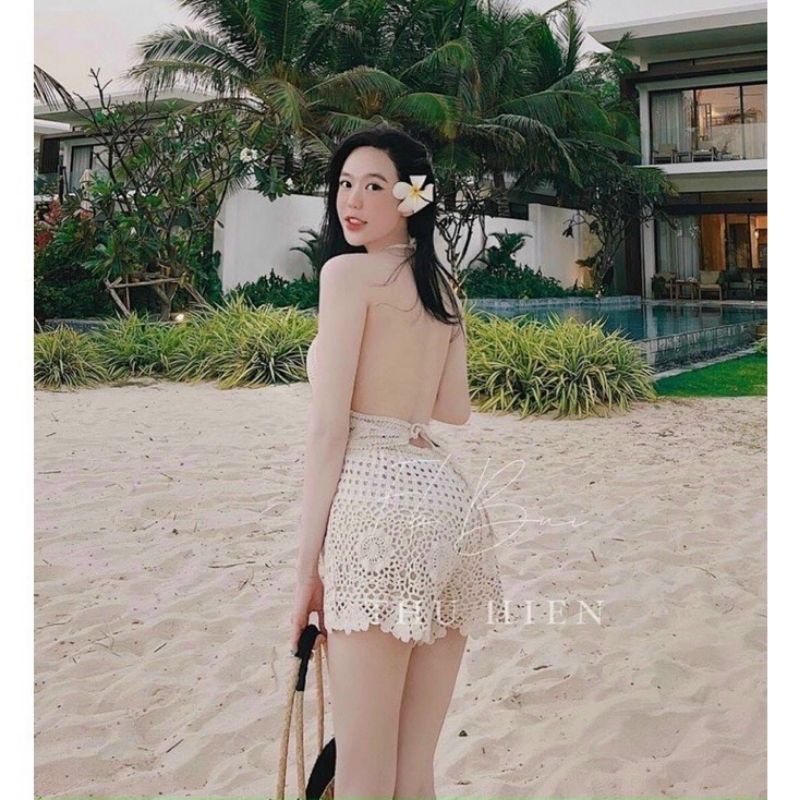 Set biển - set 2 món - bra sóng + quần hoa lưới vuông
