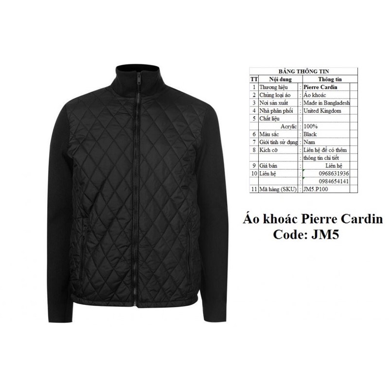Áo khoác nỉ Pierre Cardin UK, cam kết auth 100%