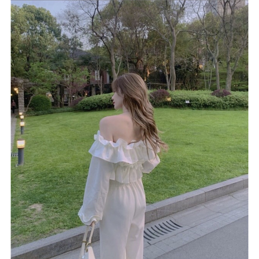 [Ảnh thật/Sẵn] Áo croptop trễ vai viền bèo dài tay ulzzang