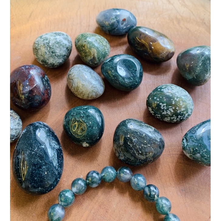 Đá Moss Agate dạng viên nhỏ mài bóng, Tumble đá Băng Ngọc Thuỷ Tảo, Đá Năng lượng