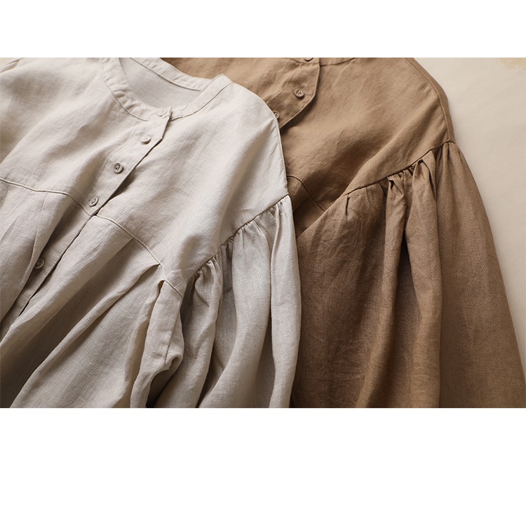 Áo Sơ Mi Vải Lanh Cotton Tay Phồng Dài Ngang Mắt Cá Màu Sắc Đơn Giản Dành Cho Nữ