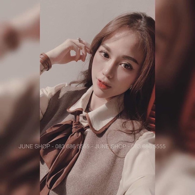 Set áo sơmi thắt nơ siêu xinh kèm áo gile dạ ngoài