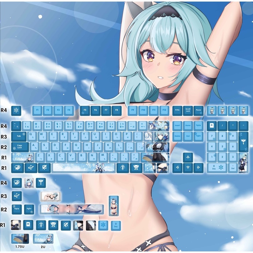 Eula keycaps Cherry Profile Genshin Impact theme Anime 128 phím PBT Năm mặt Thuốc nhuộm thăng hoa keycaps cơ học