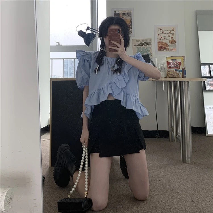 Áo Croptop Tay Ngắn Phối Diềm Xếp Nếp | BigBuy360 - bigbuy360.vn