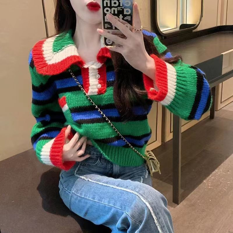 Áo Sweater Cổ Búp Bê Họa Tiết Kẻ Sọc Màu Sắc Tương Phản Thời Trang Cho Nữ  tao bao